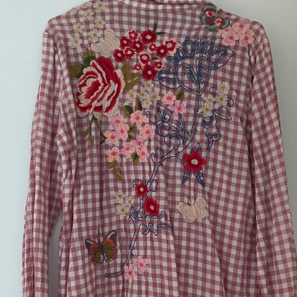 Johnny Was Pink Floral Embroidered Blouse